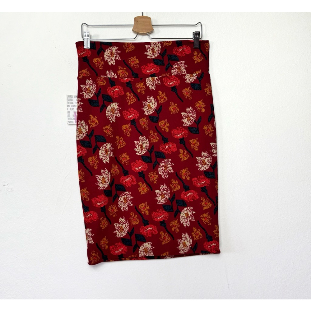 Lularoe Women Cassie Pencil Skirt Medium Red Multicolor Floral Business Casual